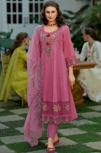 Women Floral Embroidered Regular Sequinned  Cotton Kurta with Trousers & With Dupatta