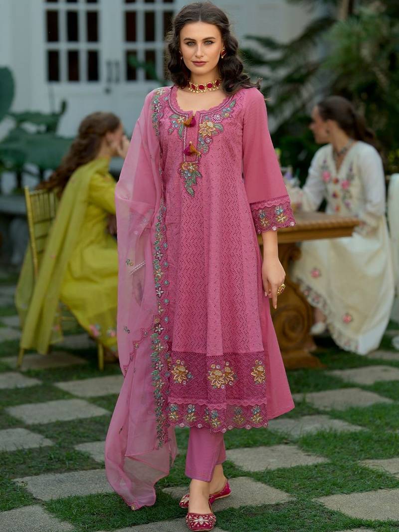 Women Floral Embroidered Regular Sequinned  Cotton Kurta with Trousers & With Dupatta