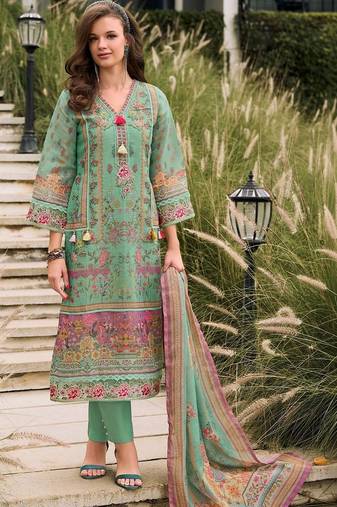 Women Floral Printed Regular Linen Kurta with Trousers & With Dupatta