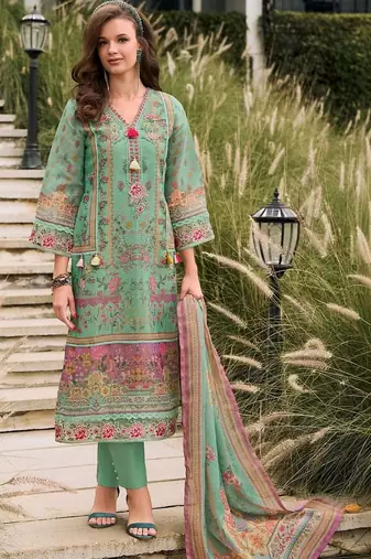 Women Floral Printed Regular Linen Kurta with Trousers & With Dupatta