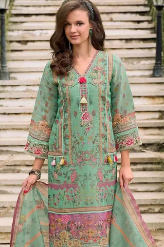 Women Floral Printed Regular Linen Kurta with Trousers & With Dupatta