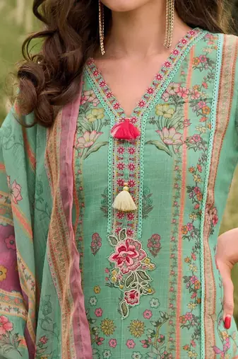 Women Floral Printed Regular Linen Kurta with Trousers & With Dupatta