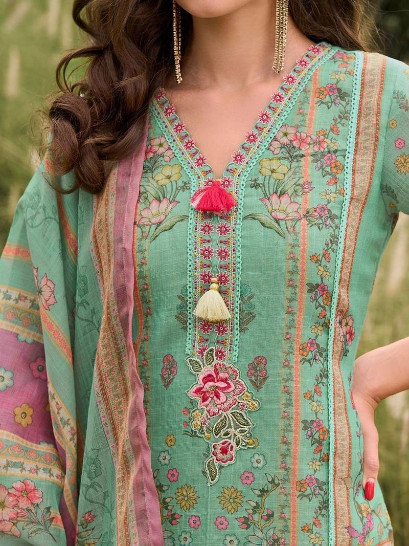 Women Floral Printed Regular Linen Kurta with Trousers & With Dupatta