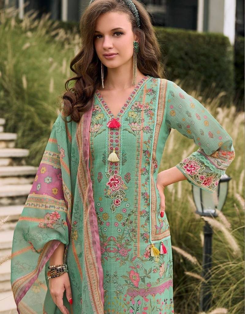 Women Floral Printed Regular Linen Kurta with Trousers & With Dupatta