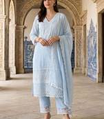 Women Ethnic Motifs Embroidered Regular Thread Work  Cotton Kurta with Trousers & With Dupatta