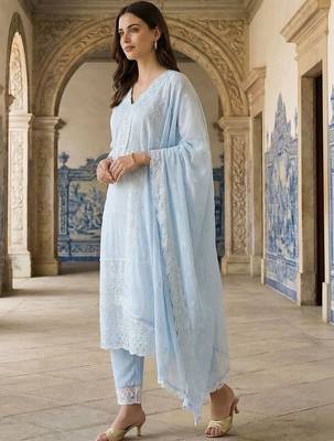 Women Ethnic Motifs Embroidered Regular Thread Work  Cotton Kurta with Trousers & With Dupatta 2