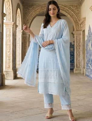 Women Ethnic Motifs Embroidered Regular Thread Work  Cotton Kurta with Trousers & With Dupatta 5
