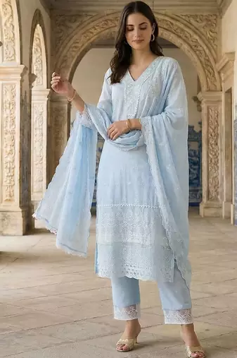 Women Ethnic Motifs Embroidered Regular Thread Work  Cotton Kurta with Trousers & With Dupatta