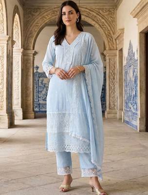 Women Ethnic Motifs Embroidered Regular Thread Work Pure Cotton Kurta with Trousers & With Dupatta 1