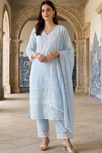 Women Ethnic Motifs Embroidered Regular Thread Work Pure Cotton Kurta with Trousers & With Dupatta