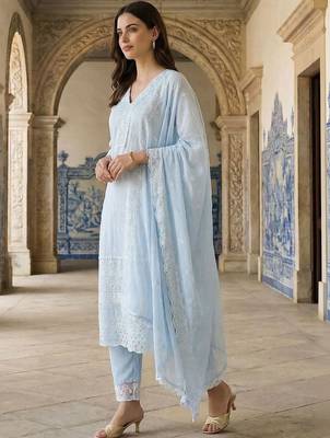 Women Ethnic Motifs Embroidered Regular Thread Work Pure Cotton Kurta with Trousers & With Dupatta 2