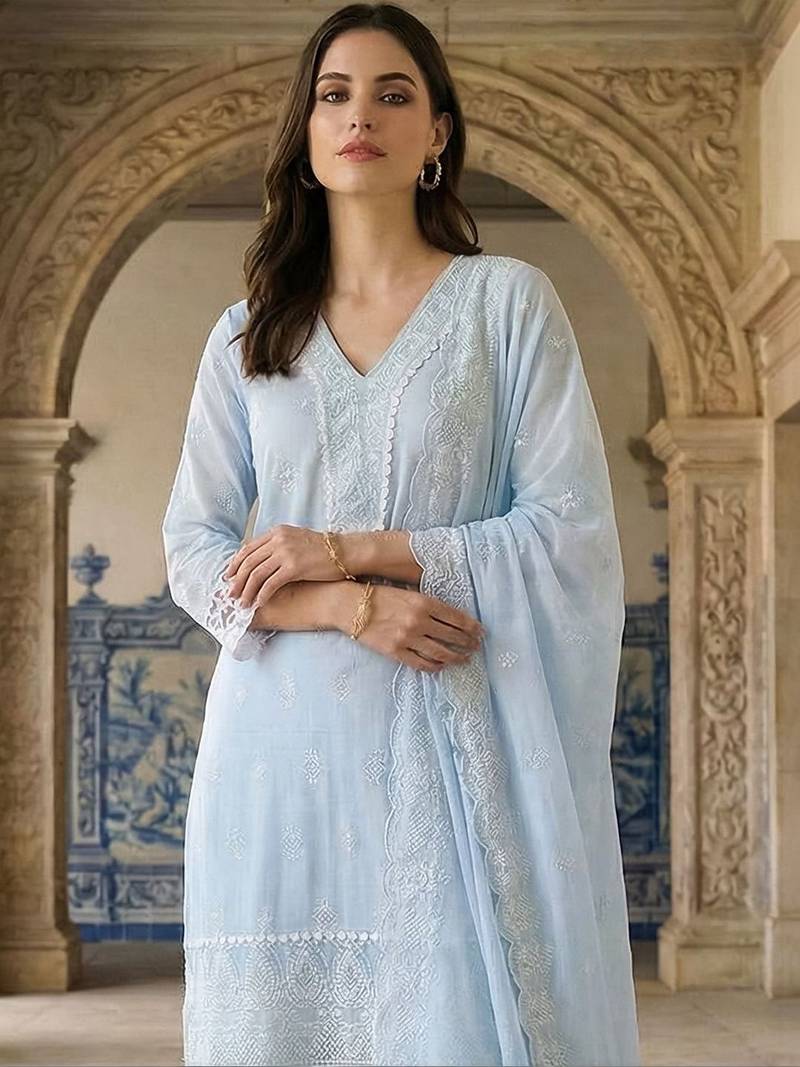 Women Ethnic Motifs Embroidered Regular Thread Work Pure Cotton Kurta with Trousers & With Dupatta