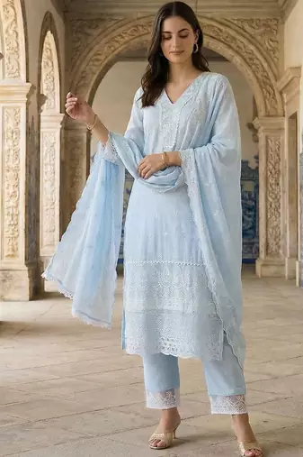 Women Ethnic Motifs Embroidered Regular Thread Work Pure Cotton Kurta with Trousers & With Dupatta