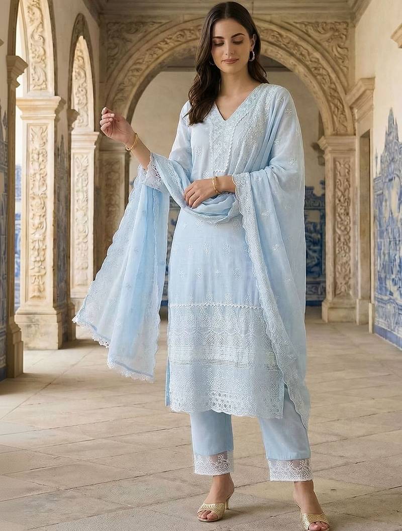 Women Ethnic Motifs Embroidered Regular Thread Work Pure Cotton Kurta with Trousers & With Dupatta