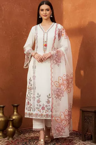 Women Floral Printed Regular Thread Work Kurta with Trousers & With Dupatta