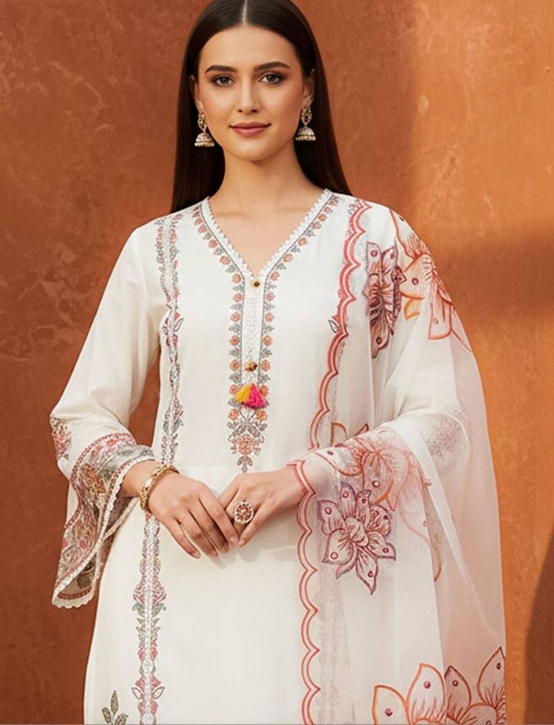 Women Floral Printed Regular Thread Work Kurta with Trousers & With Dupatta