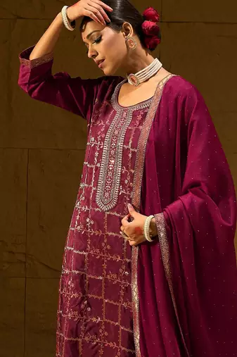 Floral Embroidered Straight Kurta With Trousers And Dupatta