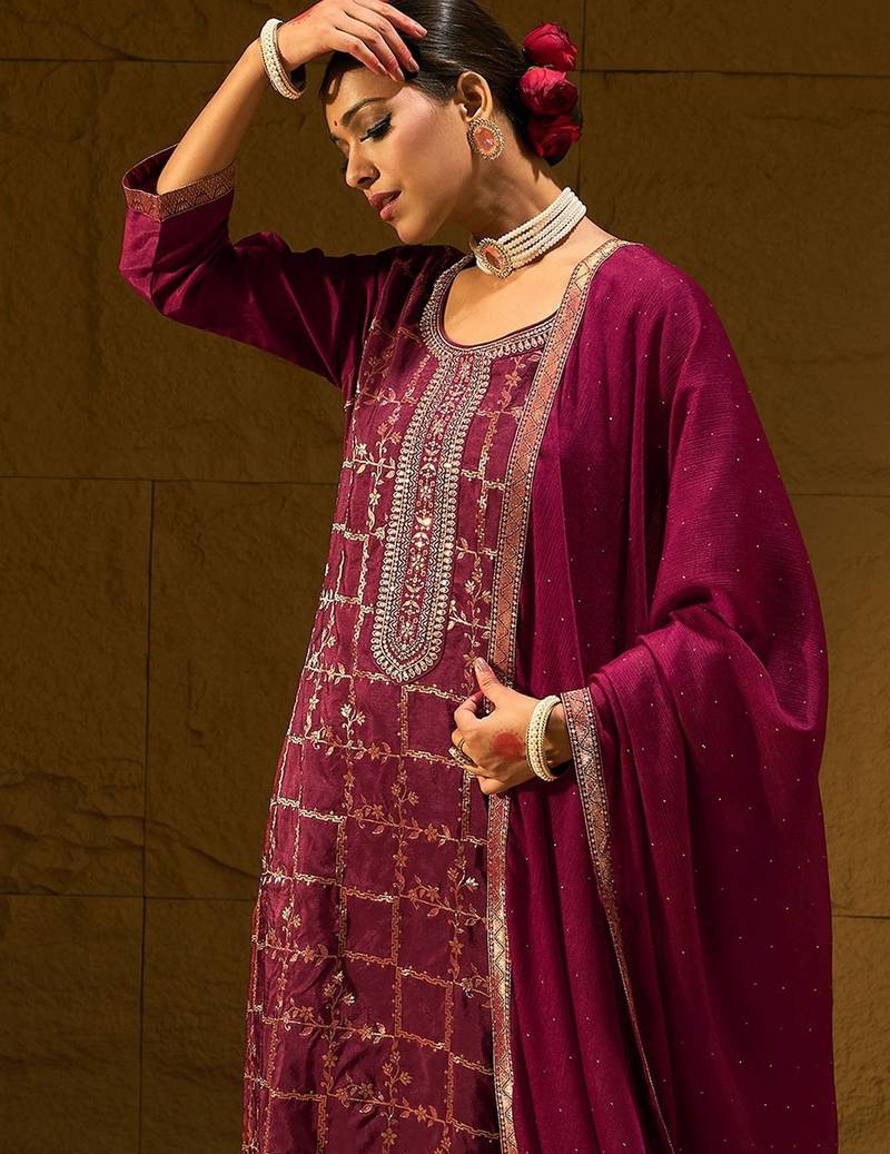 Floral Embroidered Straight Kurta With Trousers And Dupatta