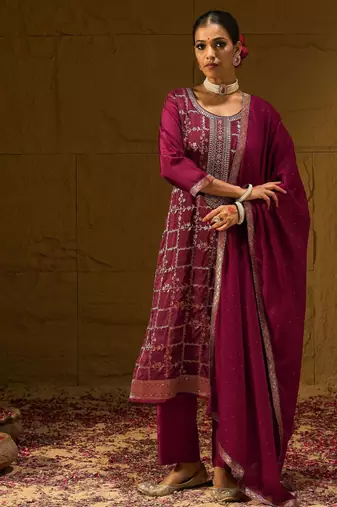 Floral Embroidered Straight Kurta With Trousers And Dupatta