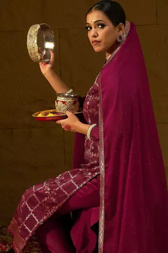 Floral Embroidered Straight Kurta With Trousers And Dupatta