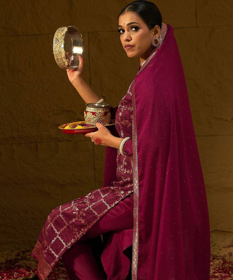 Floral Embroidered Straight Kurta With Trousers And Dupatta