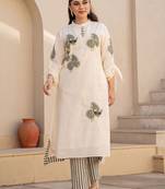 Floral Embroidered Mandarin Collar Pure Cotton A Line Kurta With Trousers