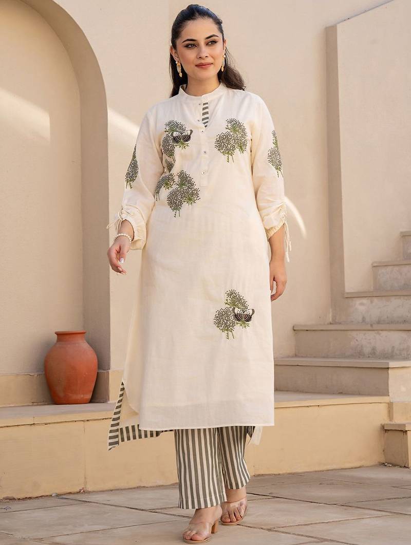 Floral Embroidered Mandarin Collar Pure Cotton A Line Kurta With Trousers
