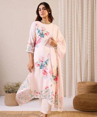 Women Floral Printed Regular Linen Kurta with Trousers & With Dupatta 1