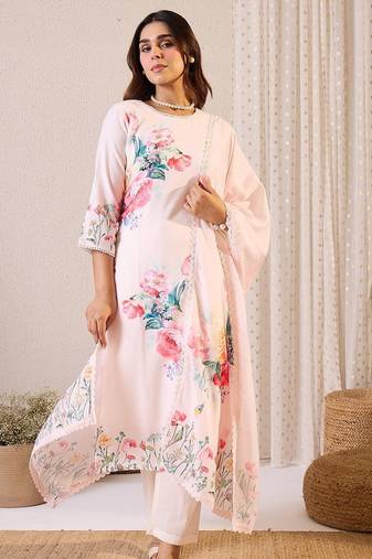 Women Floral Printed Regular Linen Kurta with Trousers & With Dupatta