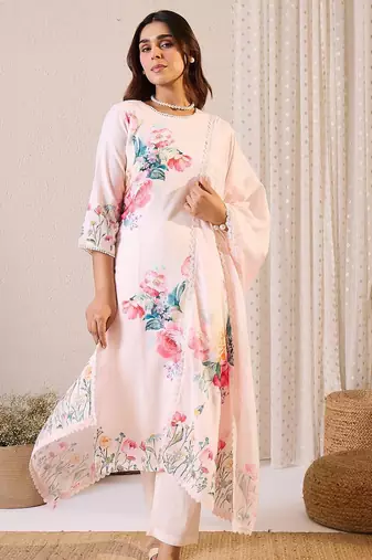 Women Floral Printed Regular Linen Kurta with Trousers & With Dupatta