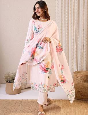 Women Floral Printed Regular Linen Kurta with Trousers & With Dupatta 2