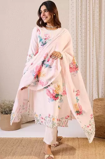Women Floral Printed Regular Linen Kurta with Trousers & With Dupatta
