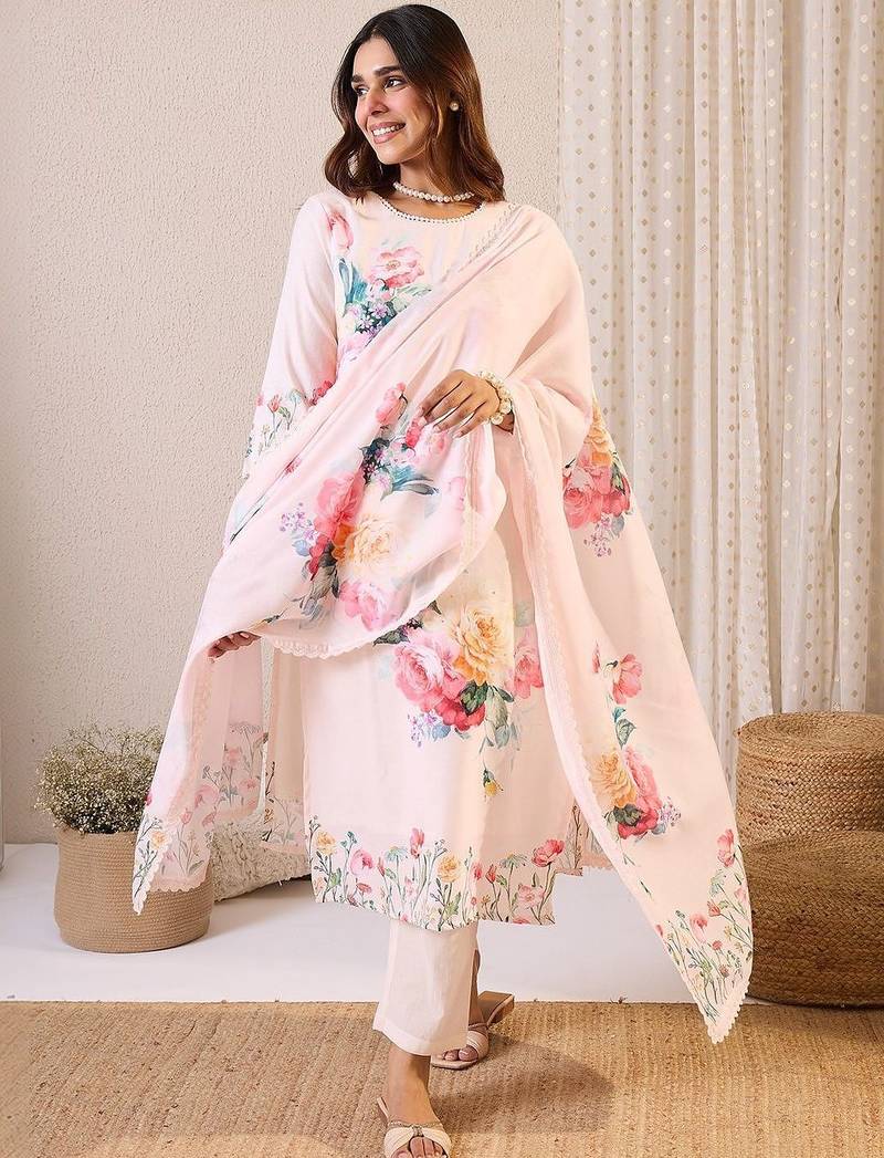 Women Floral Printed Regular Linen Kurta with Trousers & With Dupatta