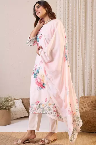 Women Floral Printed Regular Linen Kurta with Trousers & With Dupatta