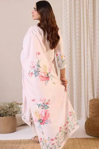 Women Floral Printed Regular Linen Kurta with Trousers & With Dupatta