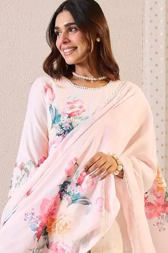 Women Floral Printed Regular Linen Kurta with Trousers & With Dupatta