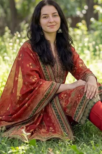 Women Ethnic Motifs Printed Regular Sequinned Pure Cotton Kurta with Trousers & With Dupatta