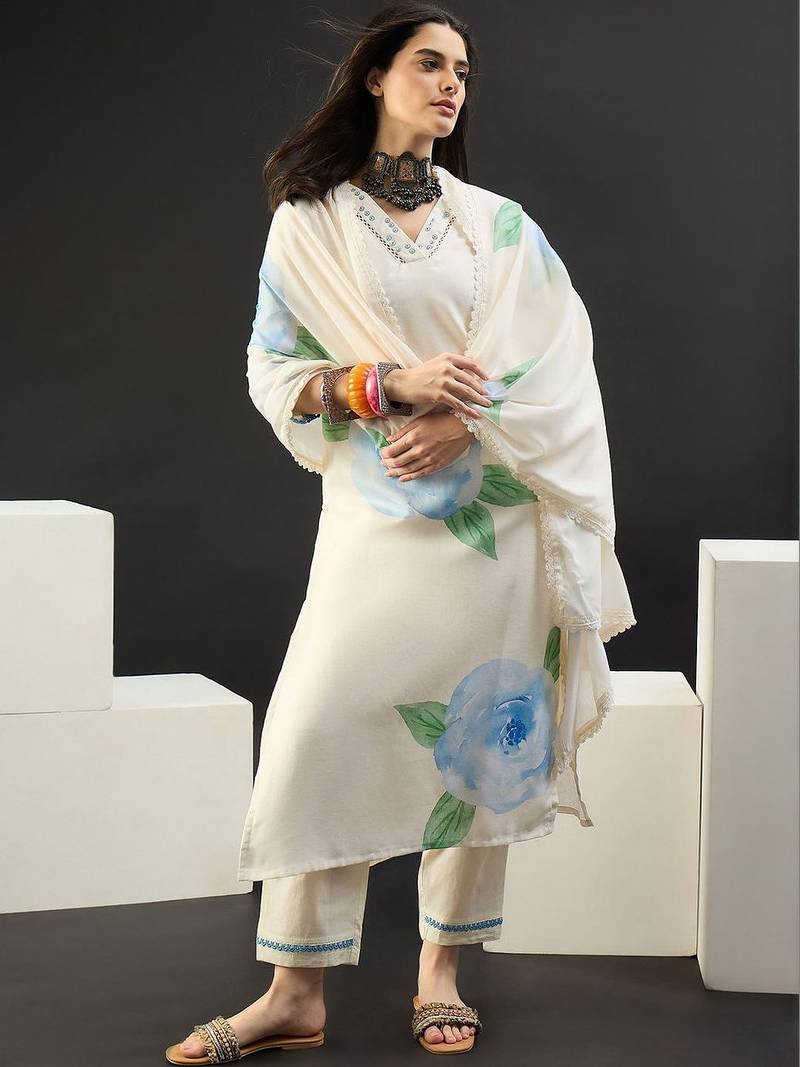 Women Floral Printed Regular Linen Kurta with Trousers & With Dupatta