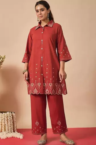 Women Motifs Embroidered Regular Thread Work Pure Cotton Kurta With Trousers