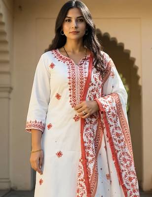 Floral Embroidered Pure Cotton Kurta With Trousers & Dupatta 2