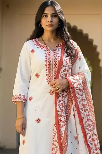 Floral Embroidered Pure Cotton Kurta With Trousers & Dupatta