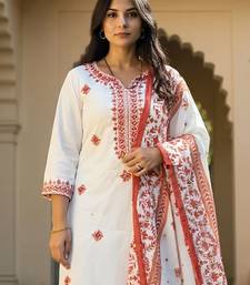 Floral Embroidered Pure Cotton Kurta With Trousers & Dupatta