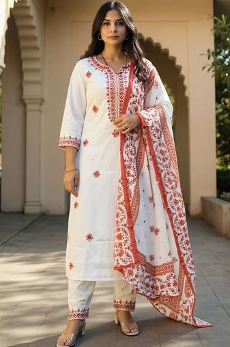 Floral Embroidered  Cotton Kurta With Trousers & Dupatta