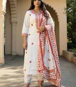 Floral Embroidered Pure Cotton Kurta With Trousers & Dupatta