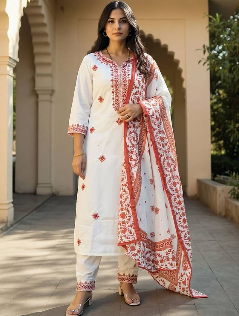 Floral Embroidered Pure Cotton Kurta With Trousers & Dupatta