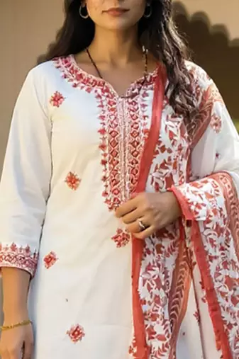 Floral Embroidered Pure Cotton Kurta With Trousers & Dupatta