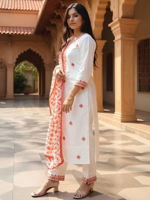 Floral Embroidered Pure Cotton Kurta With Trousers & Dupatta 4
