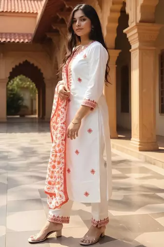 Floral Embroidered Pure Cotton Kurta With Trousers & Dupatta