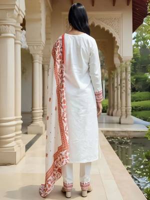 Floral Embroidered Pure Cotton Kurta With Trousers & Dupatta 5