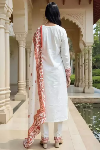 Floral Embroidered Pure Cotton Kurta With Trousers & Dupatta